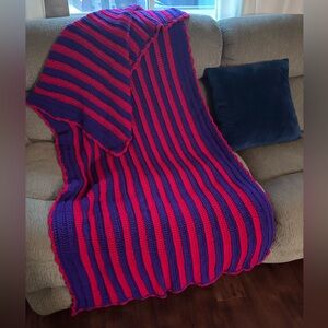Vintage 1990s Handmade Crochet Blanket Red Purple Stripe 85”x42”
